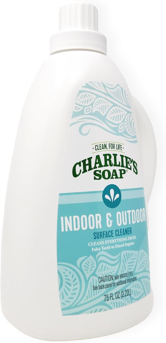 Charlie's Soap Indoor & Outdoor Surface Cleaner Refill (107 Fl. Oz.) Biodegradable Natural Outdoor Cleaning Spray – Safe for Indoor Use (2 Pack - One 32oz Sprayer and One 75oz Refill)