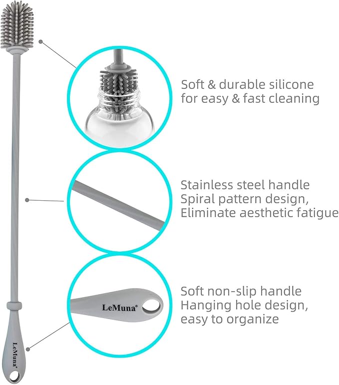 LeMuna Silicone Bottle Brush, Water Bottle Cleaner Brush Set with Straw Brush for Narrow Neck Containers, Hydro Flask, Sports Bottle, Glassware