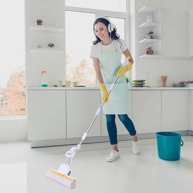 PVA Sponge Mops 60" Long Handle 15" Head with 2 Pads Sponge Mops for Floor Cleaning Squeeze with Wringer