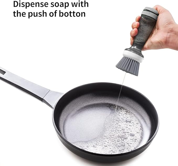 CQT Dish Brush with Soap Dispenser for Dishes, Kitchen Sink, Pot, Pan Scrubbing, 1 Brush 2 Refills