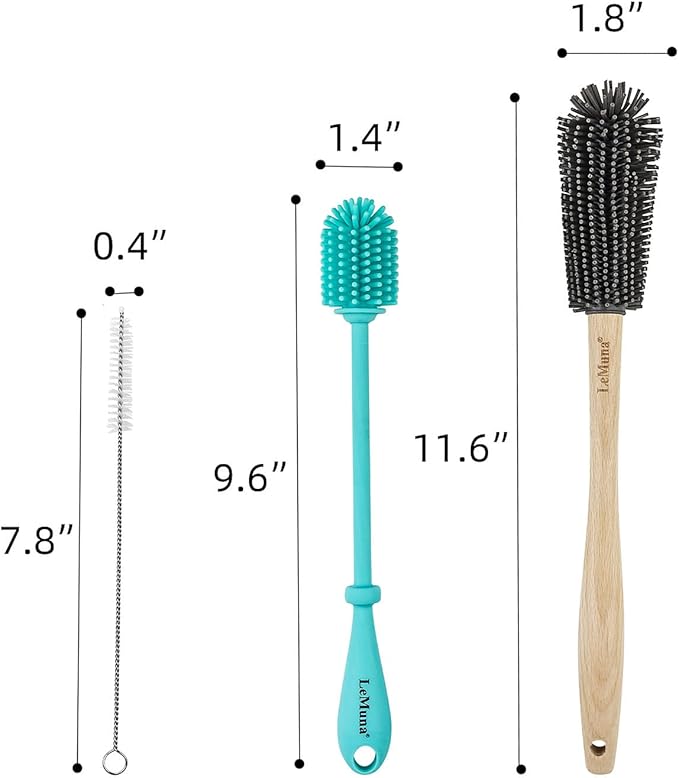 LeMuna Silicone Bottle Brushes Set (Including 1 Wooden Handle Water Bottle Cleaner Brush, 1 Silicone Brush & 1 Straw Brush) for Hydro Flask, Sports Bottle, Glassware
