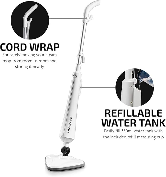 OVENTE Electric Steam Mop Cleaner, 1300W Floor Steamer with Swivel Head, Refillable Water Tank and Washable Microfiber Pad for Cleaning Carpet, Hardwood, Laminate Floor, Tiles and Grout, White ST405W