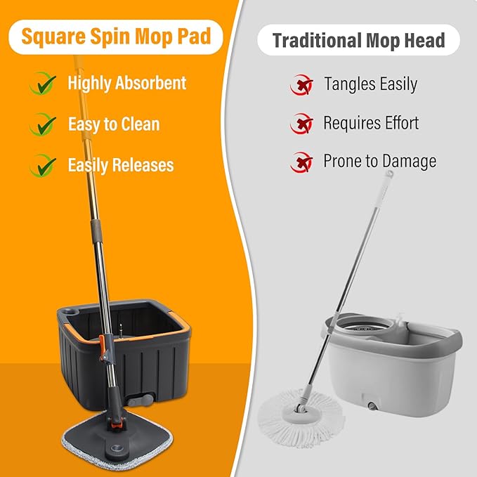 Spin Mop and Bucket Set with Self Separation Dirty and Clean Water System,Self Wringing 360° Rotating Square Clean Mop and Bucket with Wringer,Home Floor Tile Cleaning(3 Thick Mop Pads)(Black)