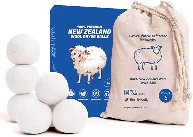 100% New Zealand Wool Dryer Balls – Premium Reusable Natural Fabric Softener – Hypoallergenic, Chemical-Free & Eco-Friendly Laundry Softening – Reduces Drying Time by 30% - 6 Pack