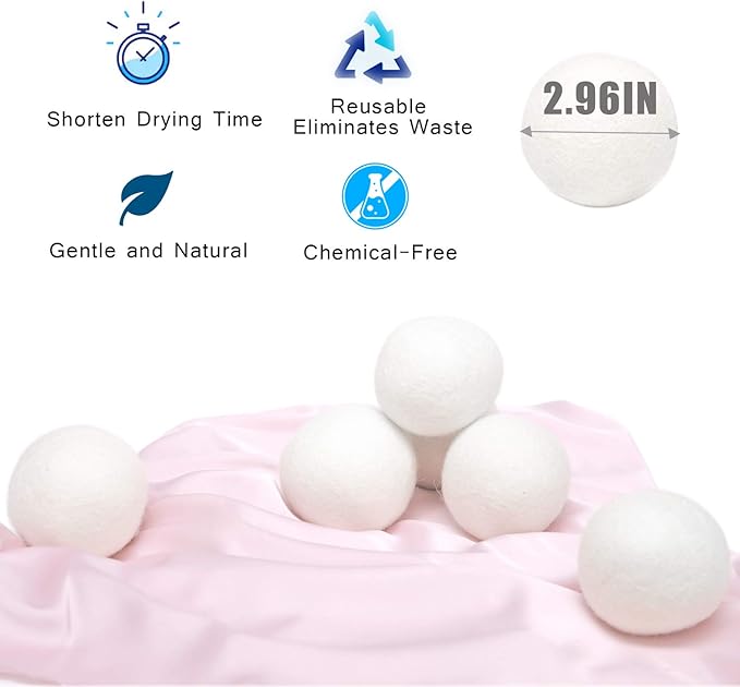 Wool Dryer Balls - 6 Pack XL, 100% Handmade Natural New Zealand Wool, Reusable Organic Fabric Softener, Reduce Wrinkles & Drying Time, Chemical Free Hypoallergenic Safe White