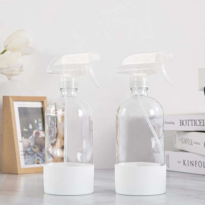 HOMBYS 16 Oz Clear Glass Spray Bottles with Silicone Sleeve,Empty Boston Bottle Spray Bottle with Adjustable Nozzle,Refillable Container for Cleaning, Essential Oils, Hair, Plants