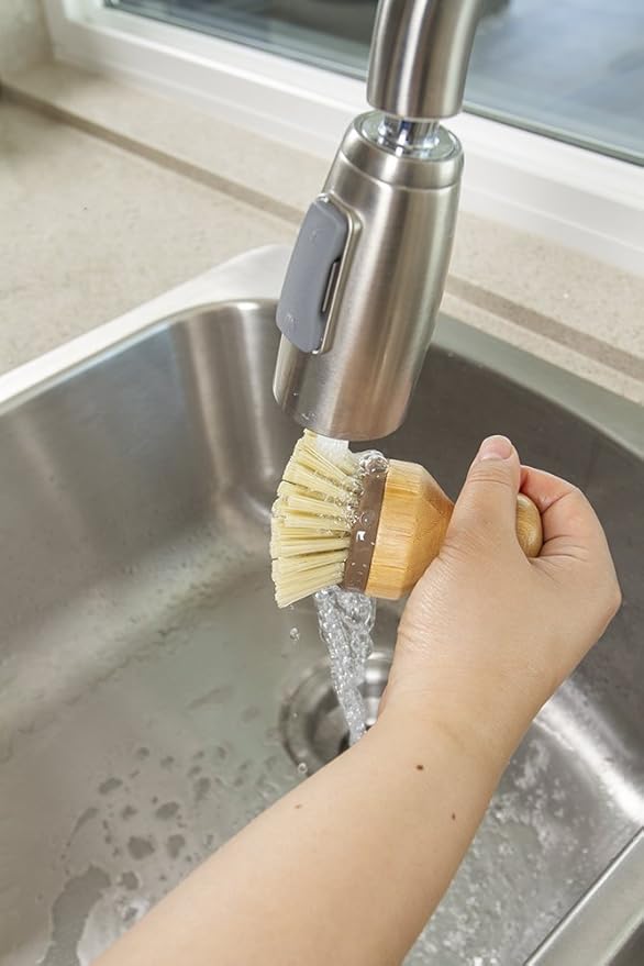 Mini Scrub Brush, Made of Sustainable Bamboo and Recycled Plastic, Scrub Pots, Pans, Vegetables, and More, Pack of 2
