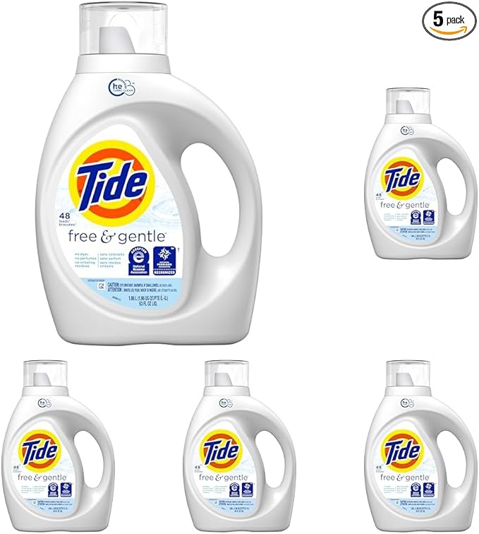 Tide Free & Gentle Liquid Laundry Detergent, 48 loads, 63 fl oz (Pack of 5)