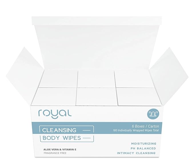 Royal Body Cleansing Wipes - Flushable Fragrance Free for Feminine Vaginal Hygiene, Moisturizing - Women & Men Safe, Anti-Itch - Vitamin E & Aloe, Unscented - 30 Count (180ct, Pack of 6)