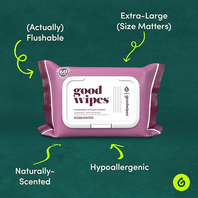 Goodwipes Flushable Butt Wipes Made with Vitamin E & Aloe - Soft & Gentle Wet Wipe Dispenser for Home Use, Septic & Sewer Safe - Largest Adult Toilet Towelettes - Rosewater, 480 Count (8 Packs)