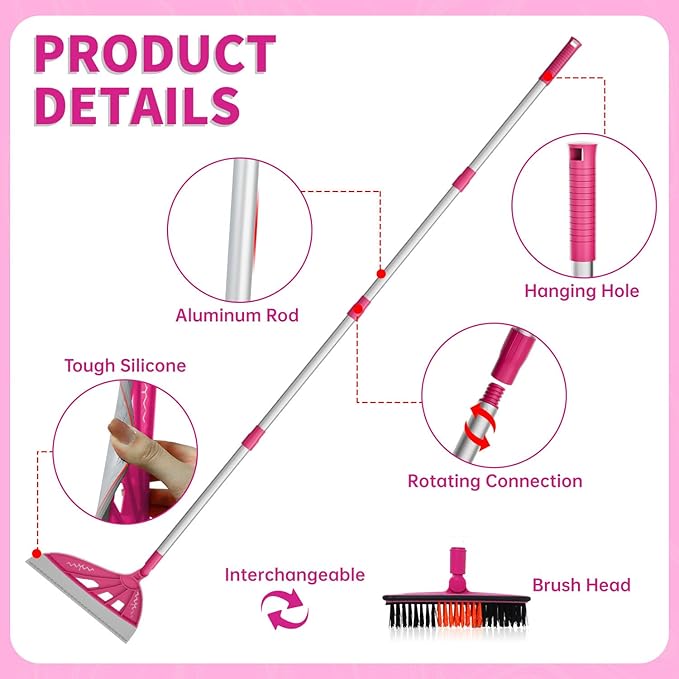 Magic Air Broom Household Silicone Broom for Floor Cleaning, Multifunctional Floor Squeegee with 60’’ Aluminum Adjustable Handle, Pet Hair for Glass, Fine Dust, Hair, Liquids (Pink)