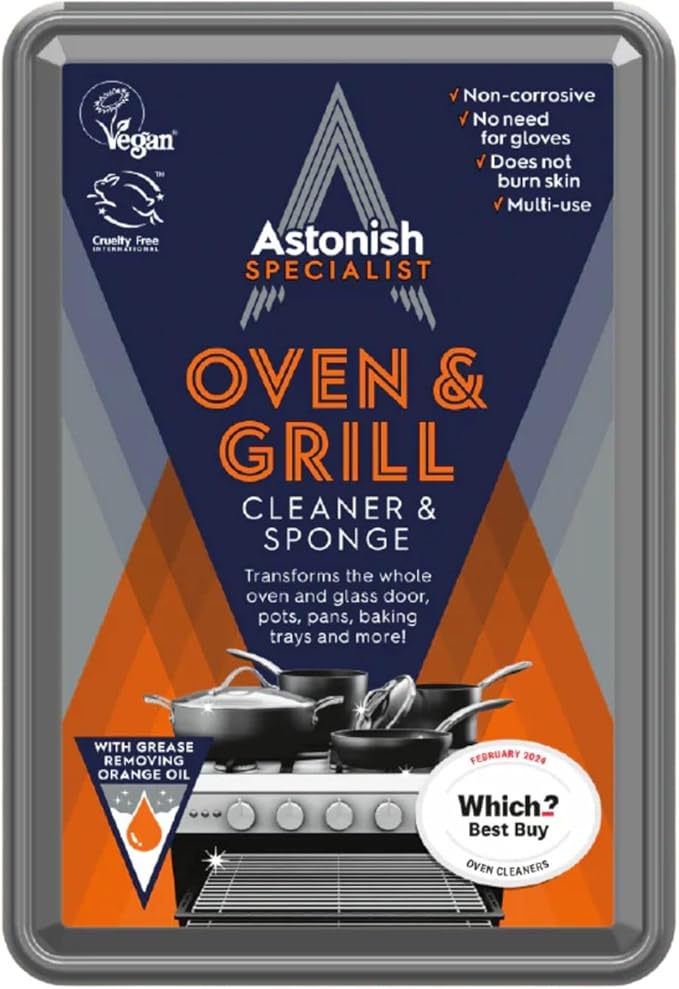 Astonish Specialist Oven & Grill Cleaner & Sponge, 250g – Powerful Degreasing Paste with Orange Oil, Restores Shine Without Harsh Chemicals – For Ovens, Grills, Racks & Toughened Glass