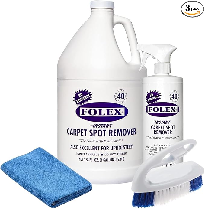 Plexon Microfiber Cleaning Cloth and Carpet brush with Instant Spot Remover Spray 32 Fl Oz and 128 Fl oz (1 Gallon) refill for Folex Carpet Spot Remover