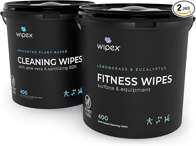Wipex Gym Wipes for Equipment Bundle - Get 2 Buckets (1) Lemongrass & (1) Sanitizing BZK Plant-Based Fitness Equipment Wipes, Clean Surfaces & Mats, Safe Peloton Bike Cleaner, 400 Ct (Pack of 2)
