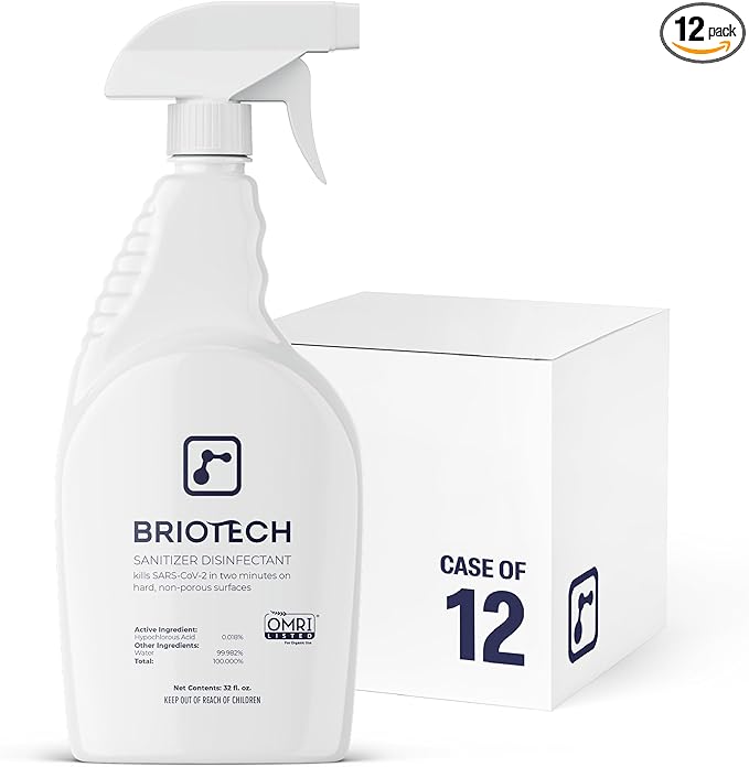 BRIOTECH Sanitizer Disinfectant Hypochlorous Spray, Kills 99.99% of Viruses & Bacteria, Eliminate Odor, Gentle for Nurseries & Play Rooms, Food Contact Surface Sanitizer, 32 fl oz ea, 12 ct
