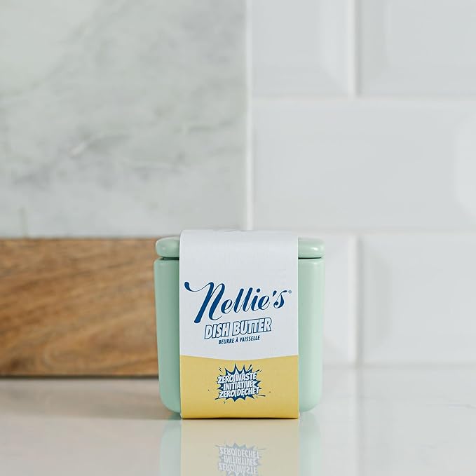 Nellie's Dish Butter - Zero-Waste Alternative to Liquid Dish Soap with Reusable Ceramic Container (Green) - Light Lemongrass Scent - Plastic-Free and Planet-Friendly Dishwashing - (Made in Canada)