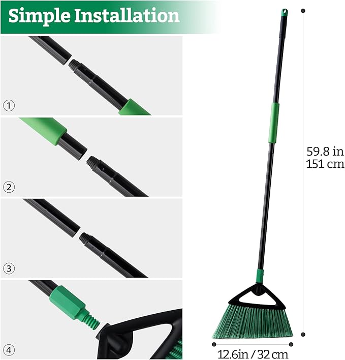 Eyliden Broom, Angle Broom with 57" Long Handle - Fit Heavy-Duty Cleaning, Also Works Well Fine Dust - Commercial Outdoor Indoor Sweeper for Courtyard, Sidewalk, Deck, Kitchen, Lobby, Garage, Green