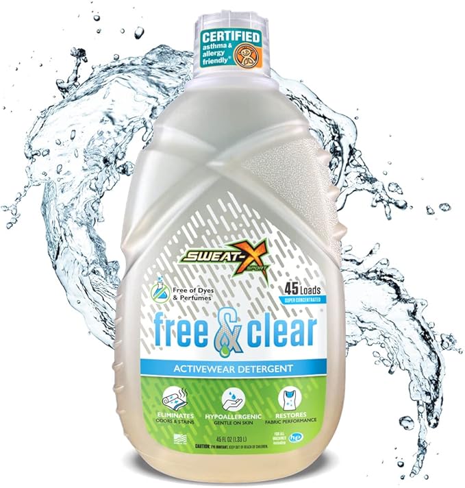 Sweat X Free & Clear Activewear Laundry Detergent – Certified Asthma & Allergy Friendly® – Hypoallergenic – Remove the Worst Odors & Toughest Stains – High-Performance Sports Wash – 45 Loads – 1 Pack