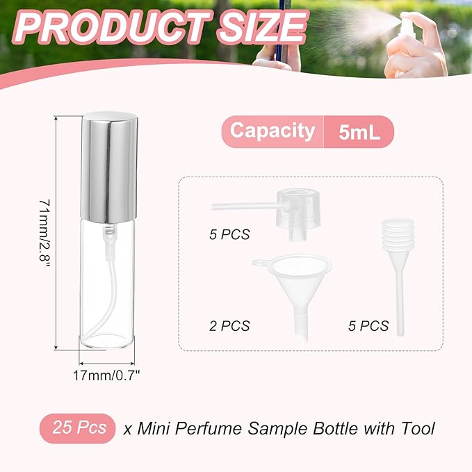 uxcell 5ml Glass Mini Perfume Bottles, 25Pcs Fine Mist Bottles Refillable Empty Mini Spray Bottles with Aluminized Nozzle for Perfume, Travel Liquid, Essential Oil (Clear/Silver)