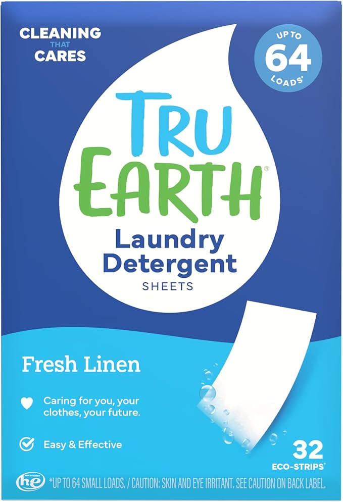 Tru Earth Compact Dry Laundry Detergent Sheets (Made in Canada) - Up to 64 Loads (32 Sheets) - Paraben-Free - Original Eco-Strip Liquidless Laundry Detergent, Travel Laundry Sheets - Fresh Linen