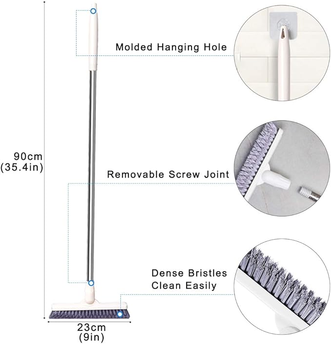 Affogato Floor Scrub Brush Bathroom Long Handle Bathtub Push Broom Shower Tile Grout Scrubber Rotatable Indoor Kitchen Scrubbing Cleaning Brush for Hard to Reach Areas - White