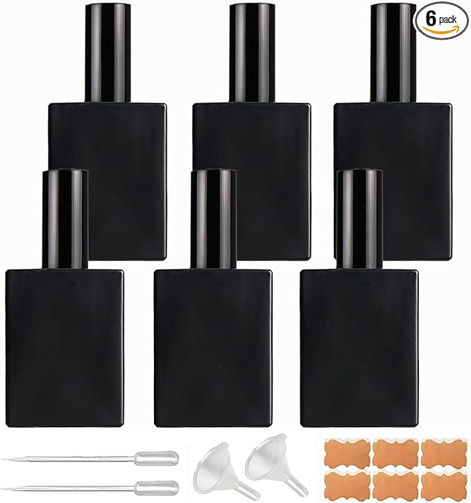 6 Pack 1.7 oz Black Square Glass Perfume Spray Bottle, 50ml /1.7 oz Fine Mist Atomizer Spray Bottles Refillable, for Perfume, Essential Oil and Liqui (Matte Black, 50ml)
