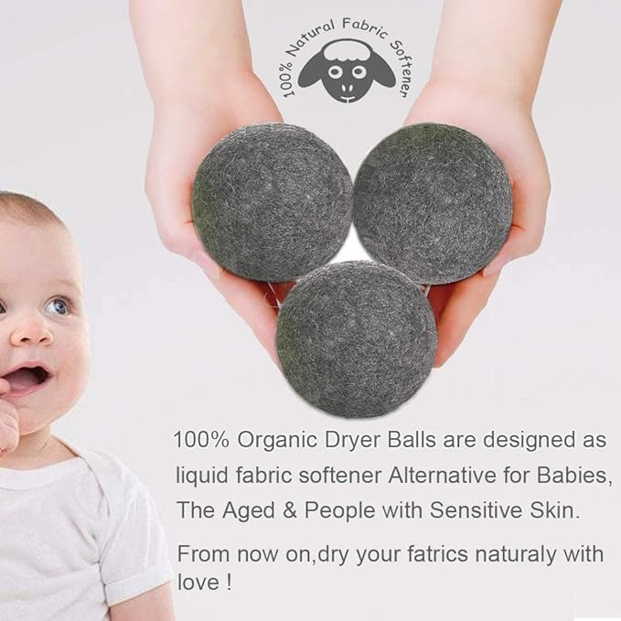 Wool Dryer Balls Dark Grey XL 6-Pack, 100% New Zealand Organic Fabric Softener for 1000+ Loads, Baby Safe & Hypoallergenic, Reduce Wrinkles & Shorten Drying Time Naturally (6pcs Grey-XL)