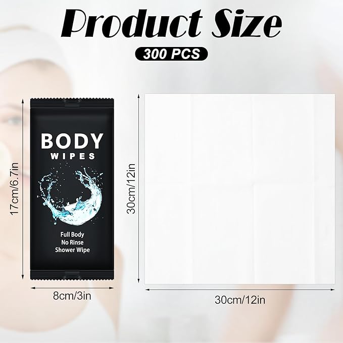 Treela 300 Pcs Bulk Large Body Wipes Individually Wrapped Big Bath Wipes for Adults Bathing No Rinse Shower Bulk Deodorant for Homeless Hygiene Personal Cleansing for Travel Gym(12" X 12'',Black)