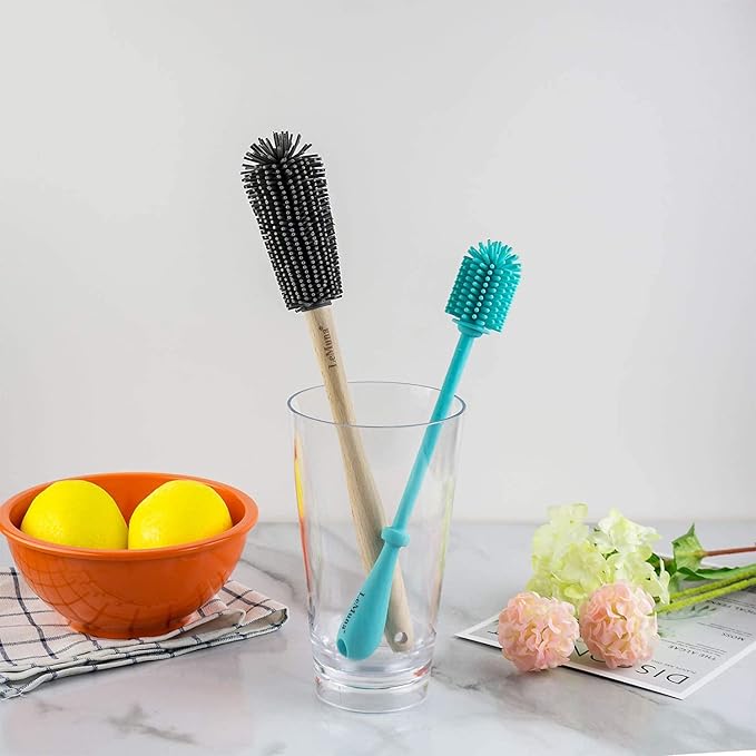 LeMuna Silicone Bottle Brushes Set (Including 1 Wooden Handle Water Bottle Cleaner Brush, 1 Silicone Brush & 1 Straw Brush) for Hydro Flask, Sports Bottle, Glassware