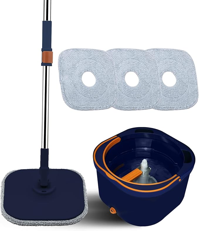 MOLACHI Flat Floor Mop and Bucket System Set with Wringer, Self Wringing Microfiber Spin Mops Bucket for Hardwood, Laminate, Tile, Floor Cleaning, Separate Dirty Water, Wet and Dry Use, Navy Blue