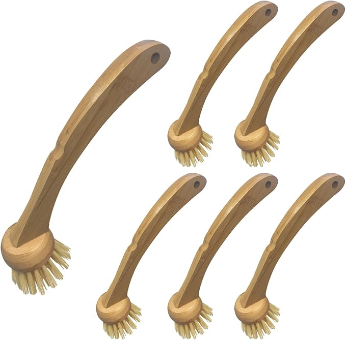 Lola Products Eco Clean Bamboo Dish Brush, Multi Purpose, Sustainable Ergonomic Renewable Bamboo Handle, Fibers are Recycled Soda/Water Bottles - 6 CT