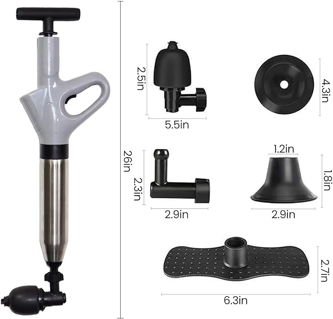 Plunger Toilet Pneumatic Drain Cleaner with Real-Time Air Pressure Gauge, Sewer Snake Clog Removal Tool, High Pressure Sewer Jet Gun for Sink, Bathroom and Kitchen Plumbing