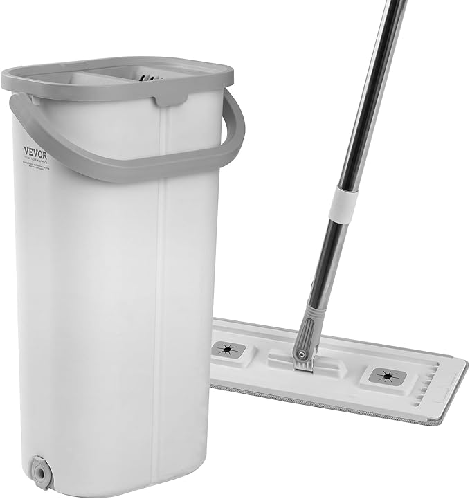 VEVOR Mop and Bucket with Wringer Set, Wet & Dry Use, Flat Mop and Bucket System with 3 Washable Microfiber Pads, Flat Mop with Stainless Steel Handle, Mop Bucket Set for Hardwood Tile Vinyl