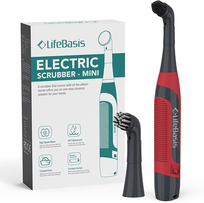 LifeBasis Power Scrubber, Cordless Electric Cleaning Brush Battery Powered Scrub Brush, Water Resistant, Small Electric Grout Brush for Home/Kitchen/Bathroom/Grout/Tile/Shower/Tub, Red