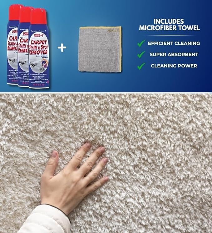 GROVE Lifter-1 Carpet Stain & Spot Remover Spray 18 oz Bundle with Microfiber Cloth - Effortless Carpet Stain Remover - Quick and Easy Carpet Cleaner Spray for Tough Stains - (4 Items)