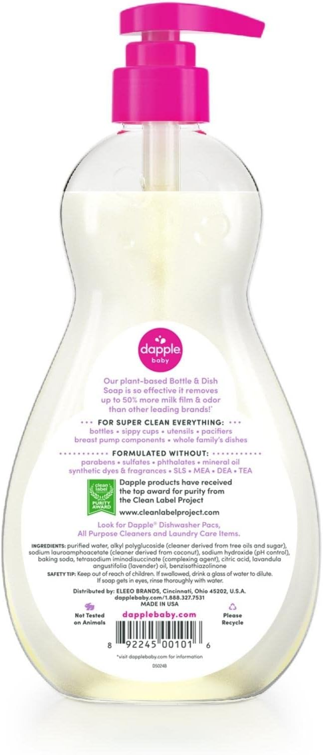 Dapple Baby Bottle Soap, Hypoallergenic Dish Soap for Baby Bottles, Powered by Plants, Lavender, 16.9 Fl Oz (Pack of 3)