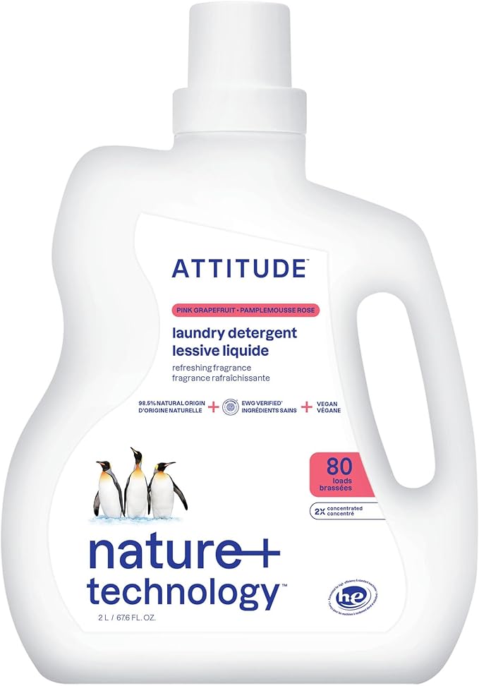 ATTITUDE Liquid Laundry Detergent, EWG Verified Laundry Soap, HE Compatible, Vegan and Plant Based Products, Cruelty-Free, Pink Grapefruit, 80 Loads, 67.6 Fl Oz