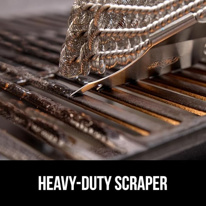 GORILLA GRIP Heavy Duty No Bristle Triple Helix Grill Brush with Scraper for Outdoor Grills, Safe Steam Cleaning, Oversized Comfortable Handle Grip with Bottle Opener, BBQ Tools, 17.5 Inch, Green