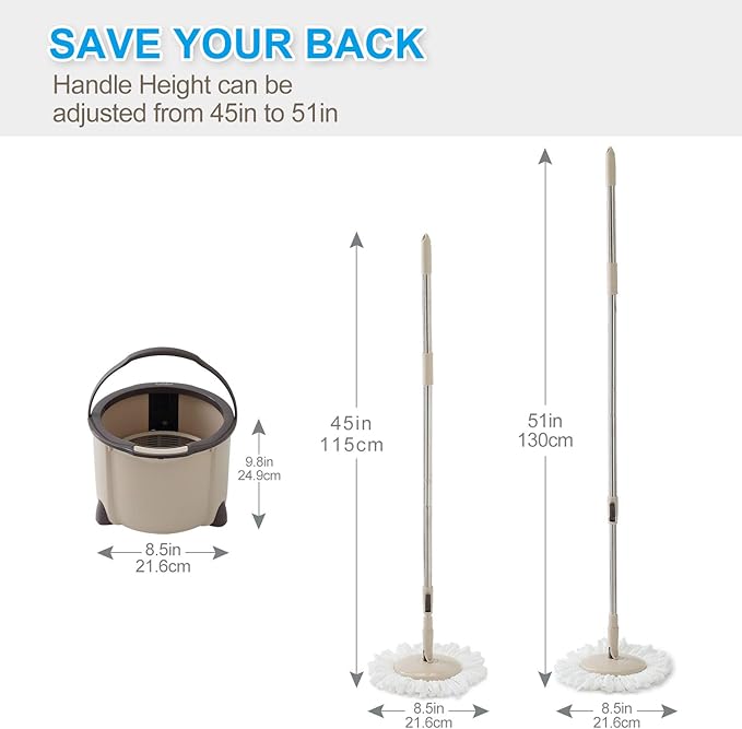 Eyliden 360° Spin Mop Bucket System - Rapid Dry, 2 Microfiber Pads, Adjustable Handle - Mop and Bucket for Home & Commercial Floors, Brown