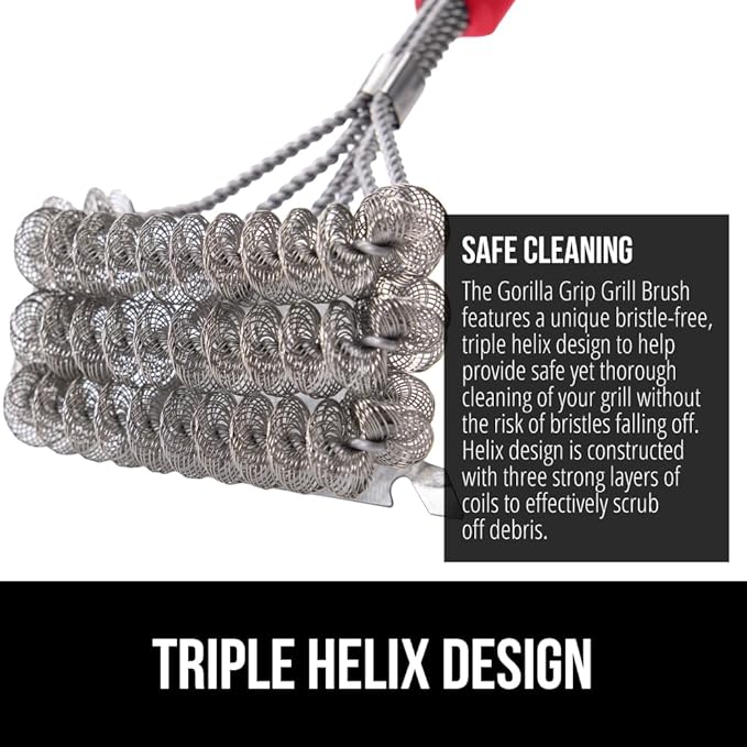 GORILLA GRIP Heavy Duty No Bristle Triple Helix Grill Brush with Scraper for Outdoor Grills, Safe Steam Cleaning, Oversized Comfortable Handle Grip with Bottle Opener, BBQ Tools, 17.5 Inch, Red