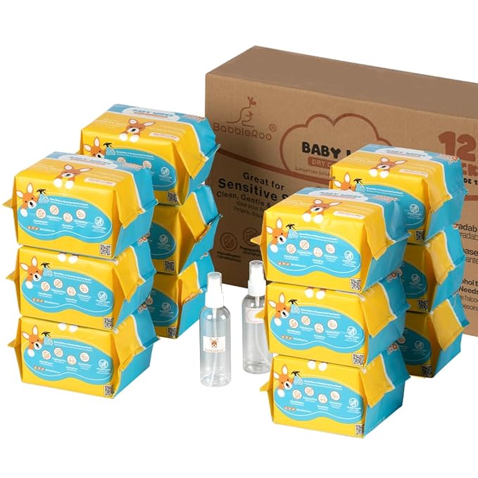 BabbleRoo Dry Wipes for Baby - 100% Plant-Based Cotton Wipes, Hypoallergenic, Fragrance-Free, Chemical-Free, Gentle for Sensitive Skin, Use Wet or Dry for Diaper Changes and Cleanups– 1200 Wipes
