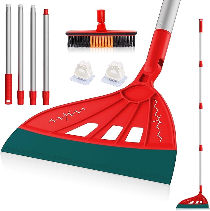 Magic Air Broom Household Silicone Broom for Floor Cleaning, Multifunctional Floor Squeegee with 60’’ Aluminum Adjustable Handle, Pet Hair for Glass, Fine Dust, Hair, Liquids (Red)