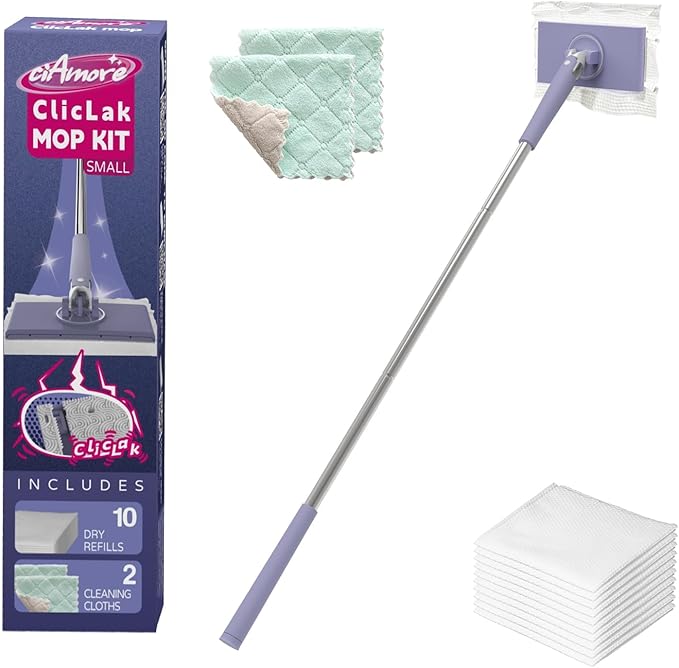 ClicLak Mini Sweeper, Instantly Attach & Remove Cloth Without Touch, Small Clamp Clip Duster with 10 Cleaning Pads, Dry and Wet Easy Use for Kitchen Bathroom Wall Mirrors