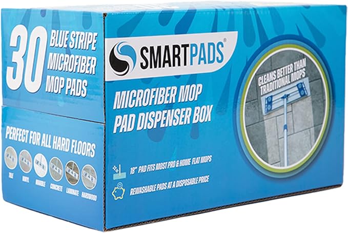 Arkwright Reusable Smart Pads Box - (Pack of 30) Disposable or Washable Microfiber Mop Pads Compatible with Swiffer Mop Heads, Dry and Wet Mops for Many Types of Floor Cleaning, 18 in, Blue