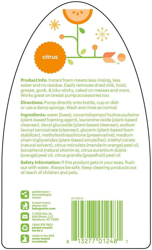 Babyganics Foaming Dish & Bottle Soap, Pump Bottle, Citrus, Plant-Derived Cleaning Power, Removes Dried Milk, 16 Fl Oz