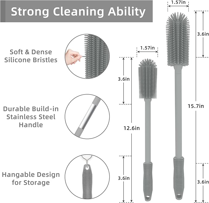 Silicone Bottle Cleaning Brush | 2 Pack| 15.7”+12.6” Water Bottle Brush Cleaner Brush for Hydro Flask,Glassware,Vacuum Sports Bottle&Vases,Water Bottle Cleaner Brush for Narrow Neck Containers (Grey)