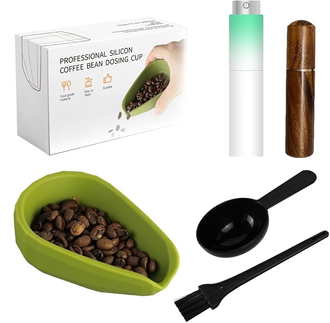 5 Pack Professional Silicone Coffee Bean Dosing Cup, Spray Bottle, WDT Espresso Coffee Stirrer Tool, Bean Spoon, Cleaning Brush,Coffee Bar Accessories for Static Reduction (Green)