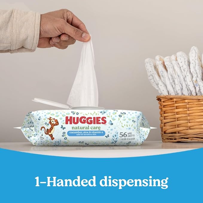 Huggies Natural Care Cucumber, Aloe and Vitamin E Baby Wipes, Hypoallergenic, Scented, 3 Flip-Top Packs (168 Wipes Total), Packaging May Vary