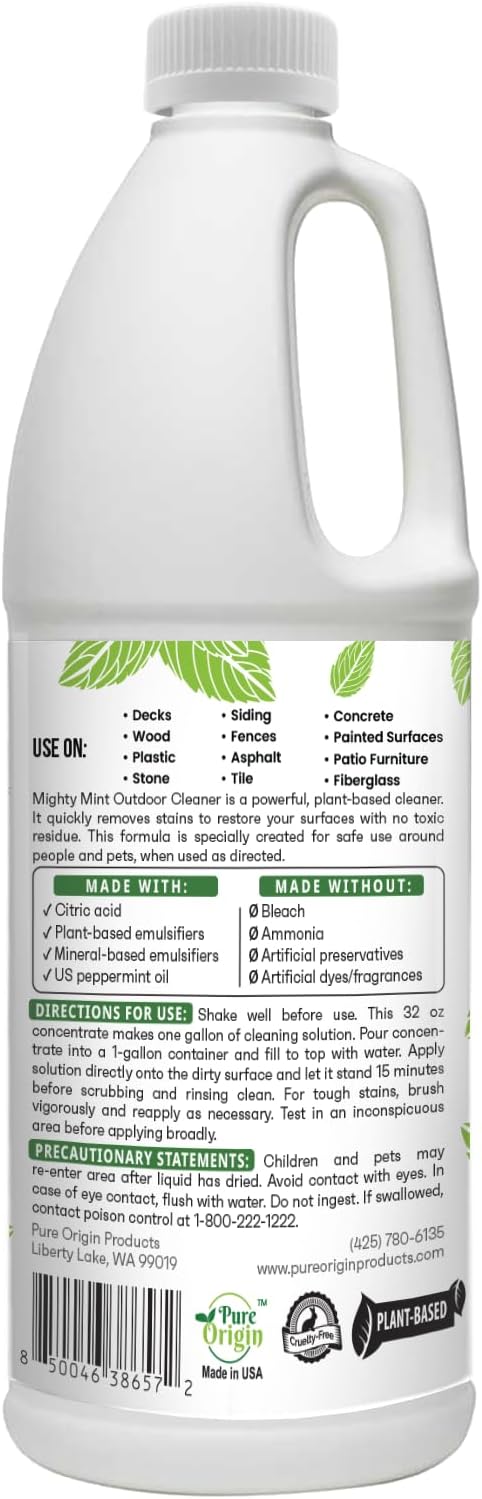 Mighty Mint Outdoor Cleaner, Powerful | Bleach-Free | Biodegradable, Cleans Stains from Mold & Mildew on Wood, Decks, Concrete, Patios, and Vinyl Siding, Natural Mint Scent, 32oz