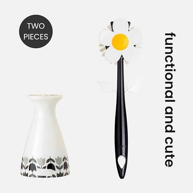 Vigar Flower Power Dish Brush with Vase Brush Holder, Dish Brush with Handle for Pot Scrubber, Dishes, Sink, and Kitchen Essentials, White, Black